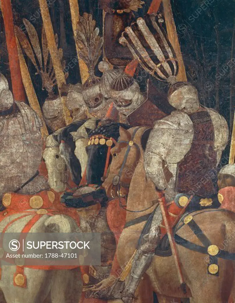 The intervention of Micheletto Attendolo, detail from The Battle of San Romano, by Paolo Uccello (1397-1475), tempera on wood.
