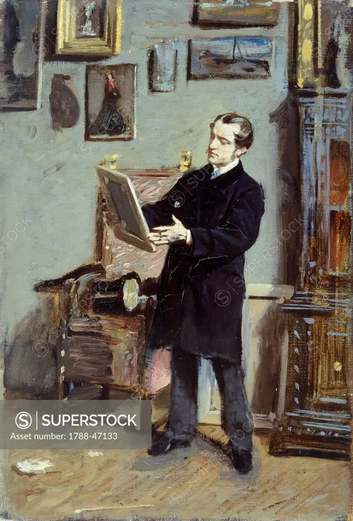 Self-portrait of Giovanni Boldini looking at a picture, ca 1865, by Giovanni Boldini (1842-1931), oil on canvas, 32x22.5 cm.