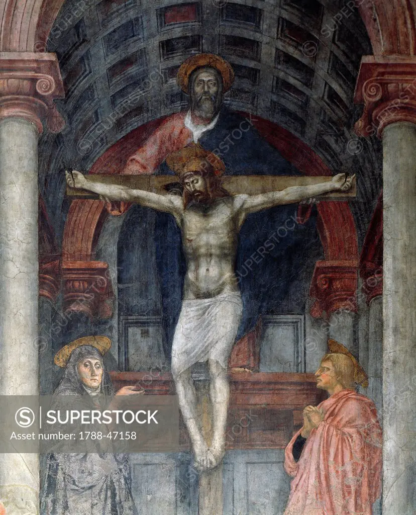 Trinity, 1427-1428, by Tommaso Masaccio (1401-1428), fresco, 667x317 cm. Detail. Left aisle of the Church of Santa Maria Novella, Florence.