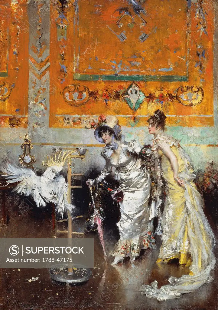 Women with parrot, 1873-1875, by Giovanni Boldini (1842-1931), oil on panel, 43x33 cm.