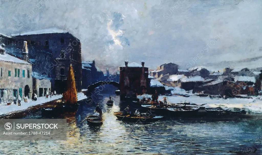 Chioggia under Snow, 1880-85, by Mose Bianchi (1840-1904), oil on canvas, 59x100 cm.