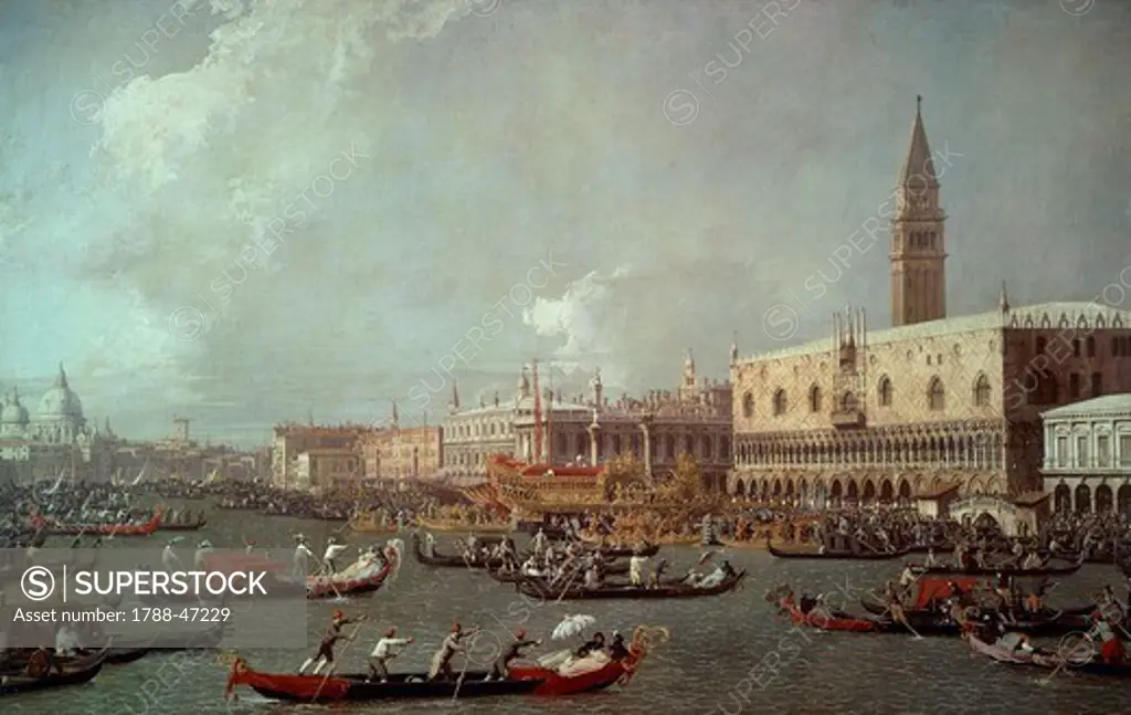 The return of the Bucentaur to the pier on Ascension Day, ca 1760, by Giovanni Antonio Canal known as Canaletto (1697-1768), oil on canvas, 102x58 cm.