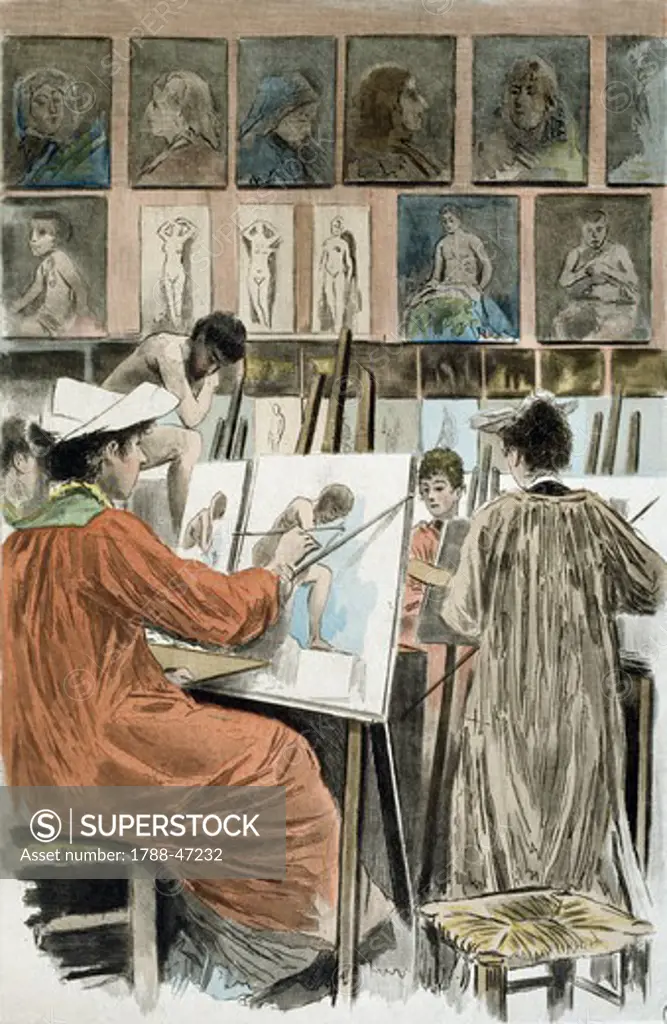 Painters' studio, 1894, a painting by Pierre Vidal (1849-1929), engraving by Frederic Masse, from La Femme a Paris, nos contemporaines, by Octave Uzanne (1851-1931).