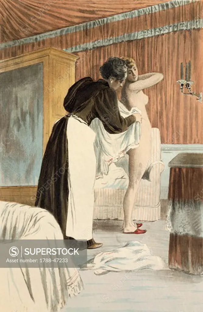 Toilette in the morning, 1894, from La Femme a Paris by Octave Uzanne, engraving by Frederic Masse, painted by Pierre Vidal.