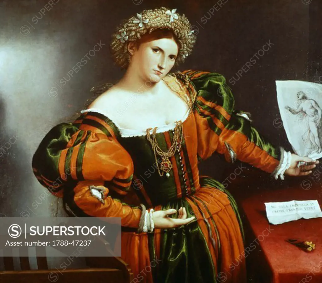 Portrait of a woman inspired by Lucretia, 1530-1532, by Lorenzo Lotto (1480 ca- 1556), oil on panel, 96.5x110.6 cm.