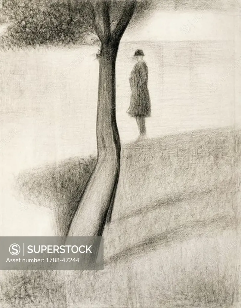 Man standing next to a tree; study on La Grande Jatte, 1884-1885, by Georges Seurat (1859-1891), pencil on paper.