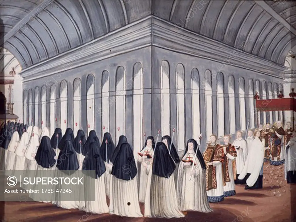 Procession in the cloister of the Port-Royal Abbey, the feast of the Holy Sacrament, by Louise-Magdeleine Hortemels (1688-1767), France.