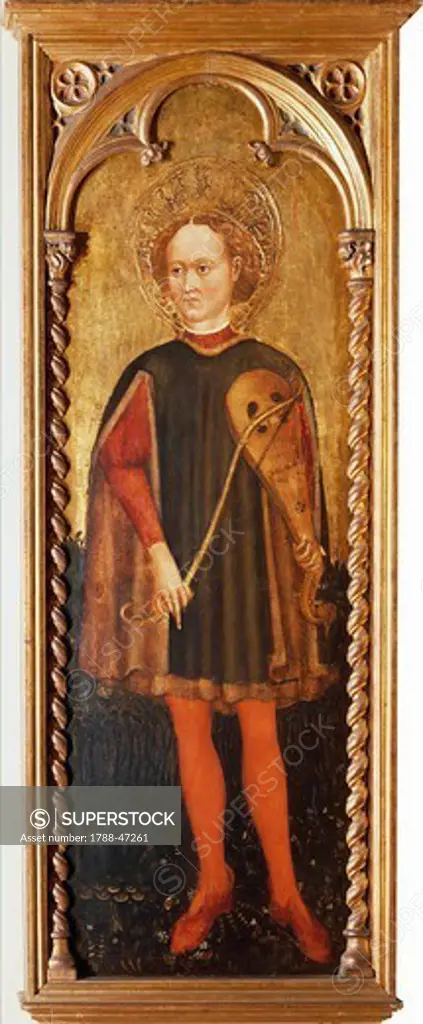 St Genesius, section triptych panel, ca 1460, by Christopher Moretti (active 1450-1475), tempera on panel, 105.5x38.7 cm.