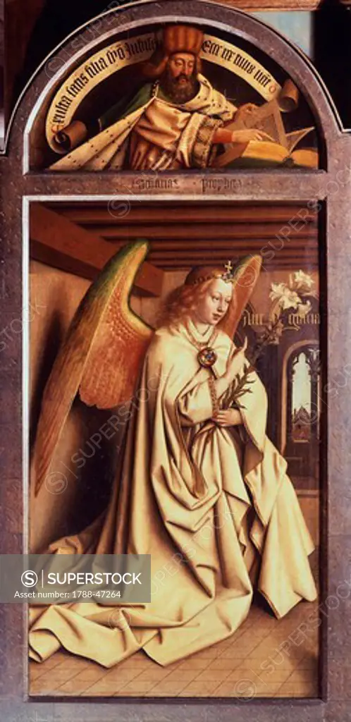 Angel announcer, detail from the Ghent Altarpiece or Adoration of the Mystic Lamb, 1432, by Jan van Eyck (1390-1441), oil on panel. Saint Bavo Cathedral, Ghent, Belgium.