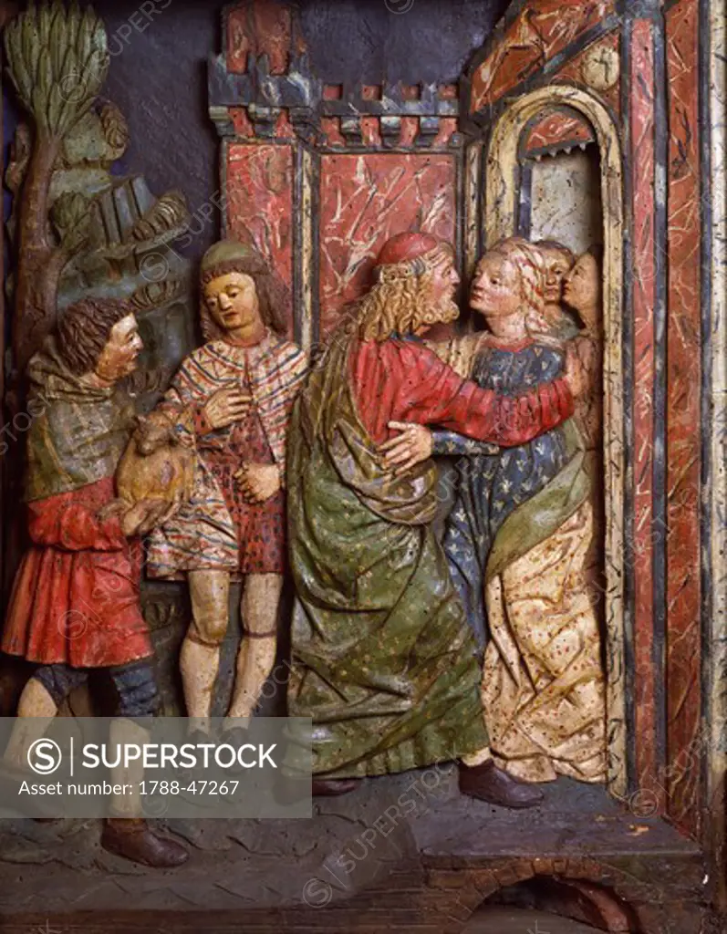 Meeting of Joachim and Anna, by Giovanni Pietro de Donati (active 1484-1516) and Giovanni Ambrogio De Donati, wooden polychrome relief.