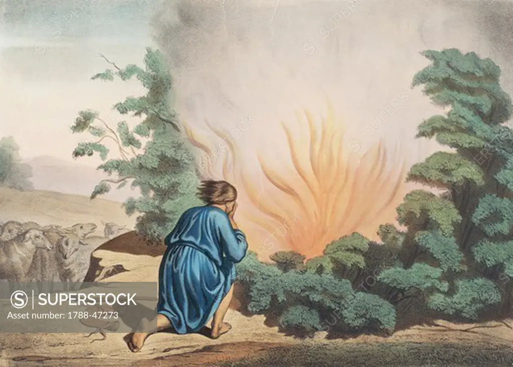 Moses and the burning bush, illustration from the Old Testament, the end of the 19th century, engraving by Bequet, Delagrave edition, Paris.