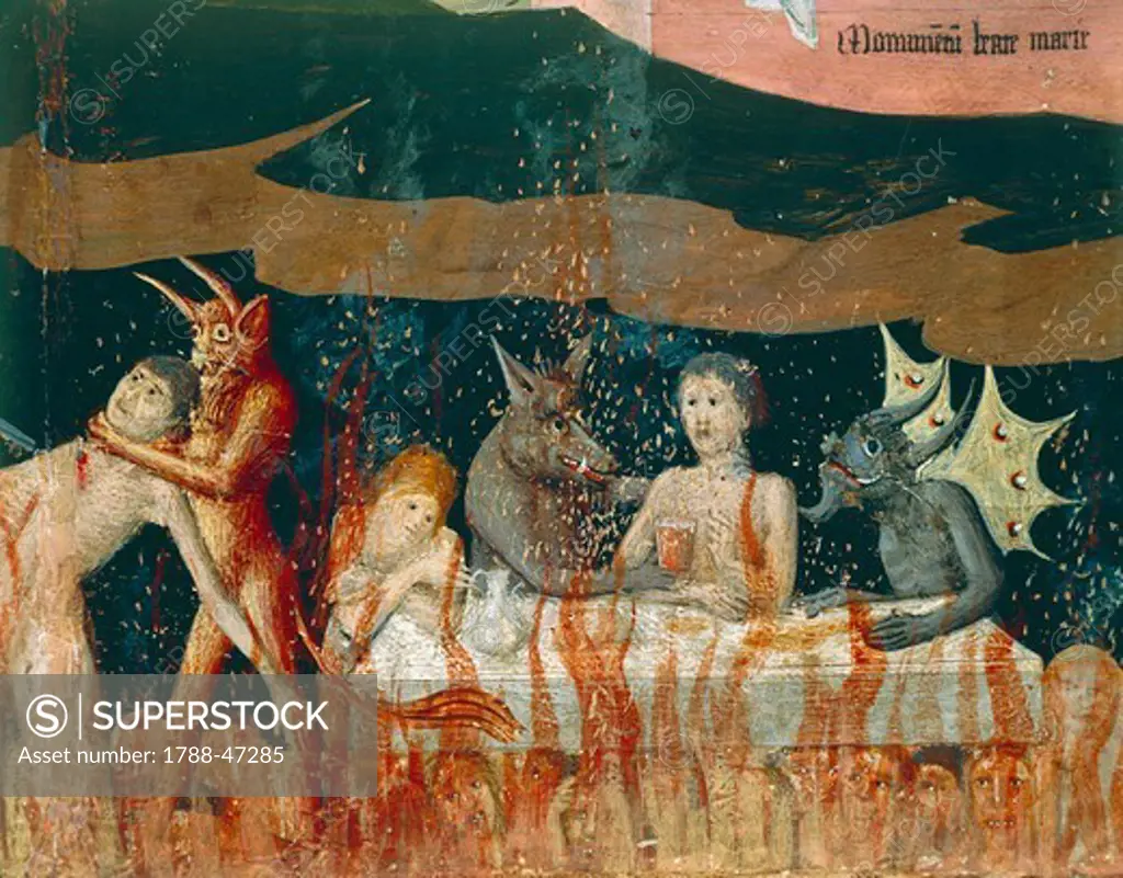 Demons and the damned in hell, detail from the Coronation of the Virgin Altarpiece, 1454, by Enguerrand Quarton (ca 1410-1466), tempera on panel, 183x220 cm.