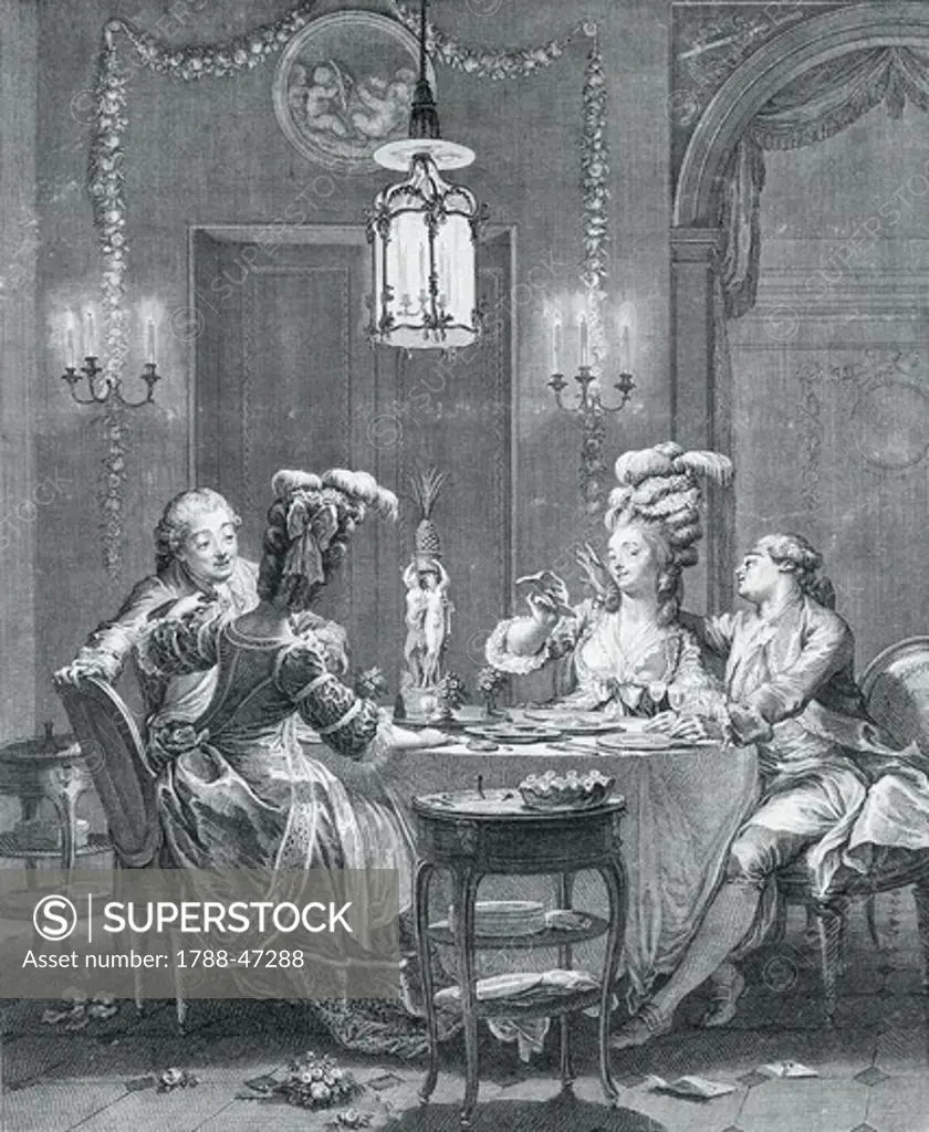 Elegant dinner, drawing by Jean-Michel Moreau the Younger (1741-1814), engraving by Isidore-Stanislaus-Henri Helman (1743 to 1806-1809).