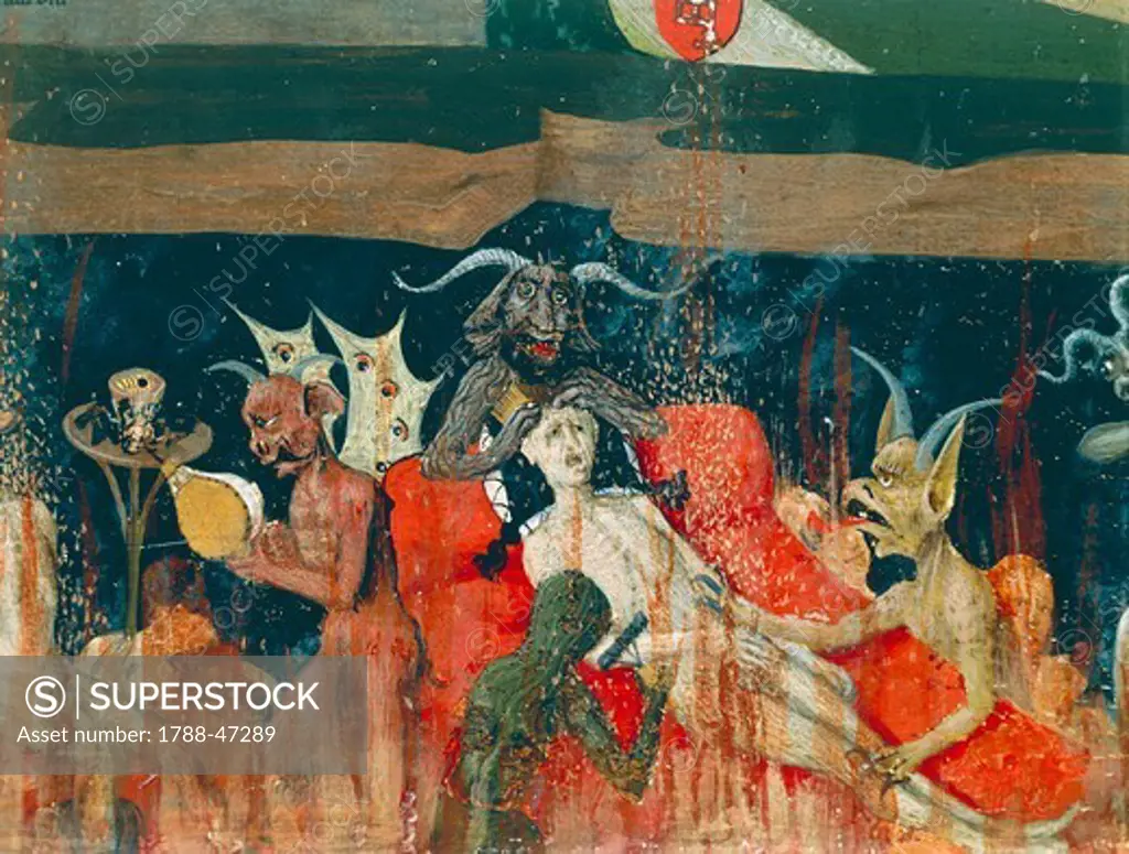 Demons and damned in hell, detail from the Coronation of the Virgin Altarpiece, 1454, by Enguerrand Quarton (1410-1466 ca), tempera on panel, 183x220 cm.