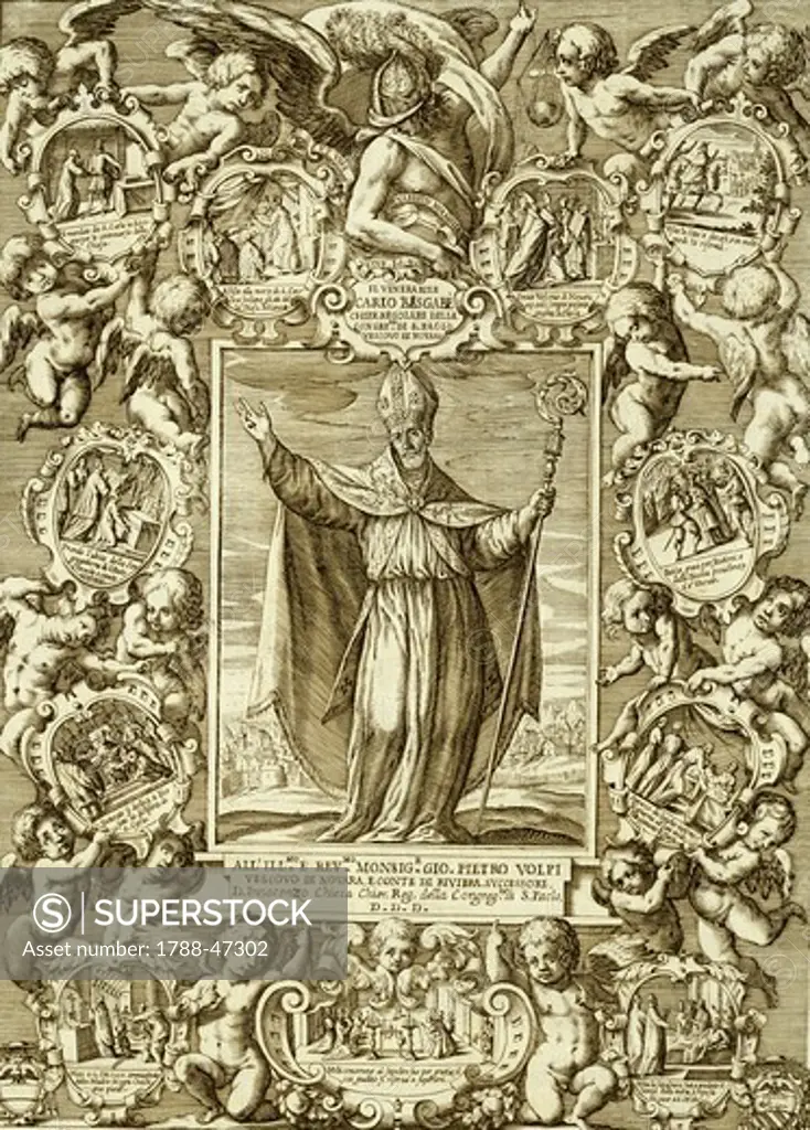 Carlo Bascape, Bishop of Novara, 1624, by Melchiorre Girardini (1607-1675) and Giovanni Paolo Bianchi (born ca 1590, active 1654), engraving, Italy.
