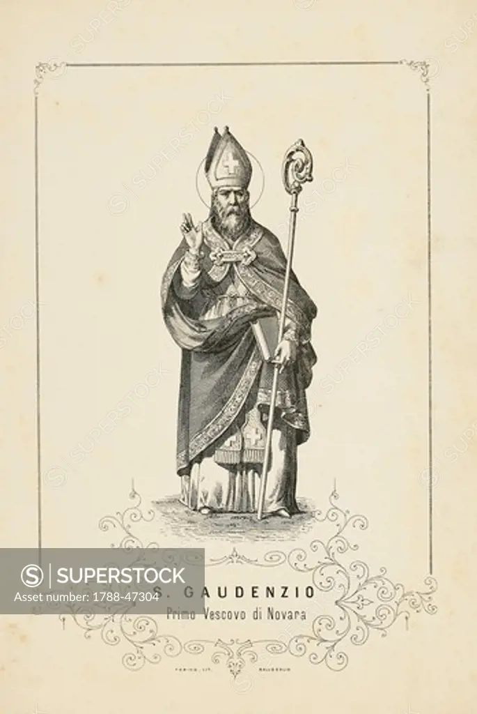 St Gaudentius (Ivrea, 327 - Novara, 418), first bishop of Novara, engraving, Italy.