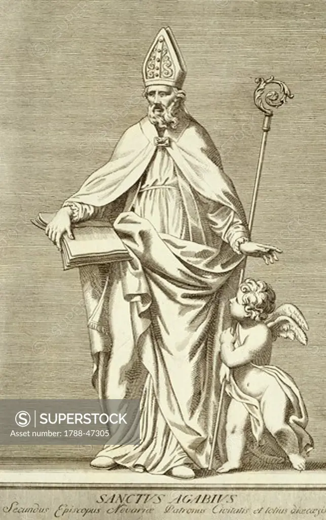 St Agabio, second bishop of Novara, the patron saint of the city and diocese, engraving, Italy.