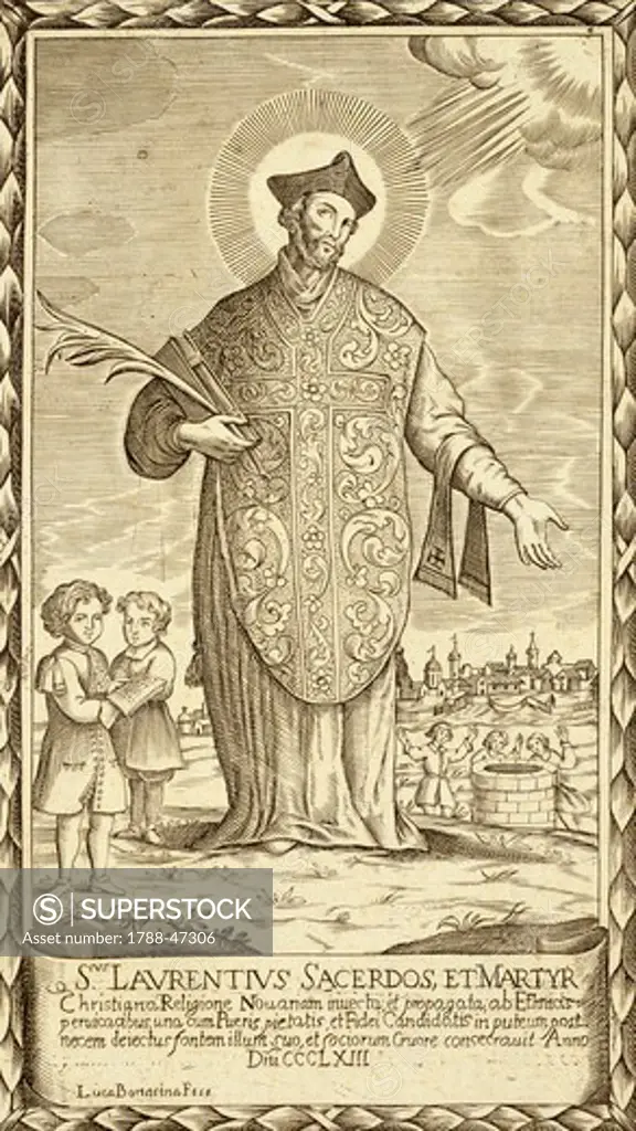 St Lawrence, priest and martyr, engraving by Bonacina, Italy.