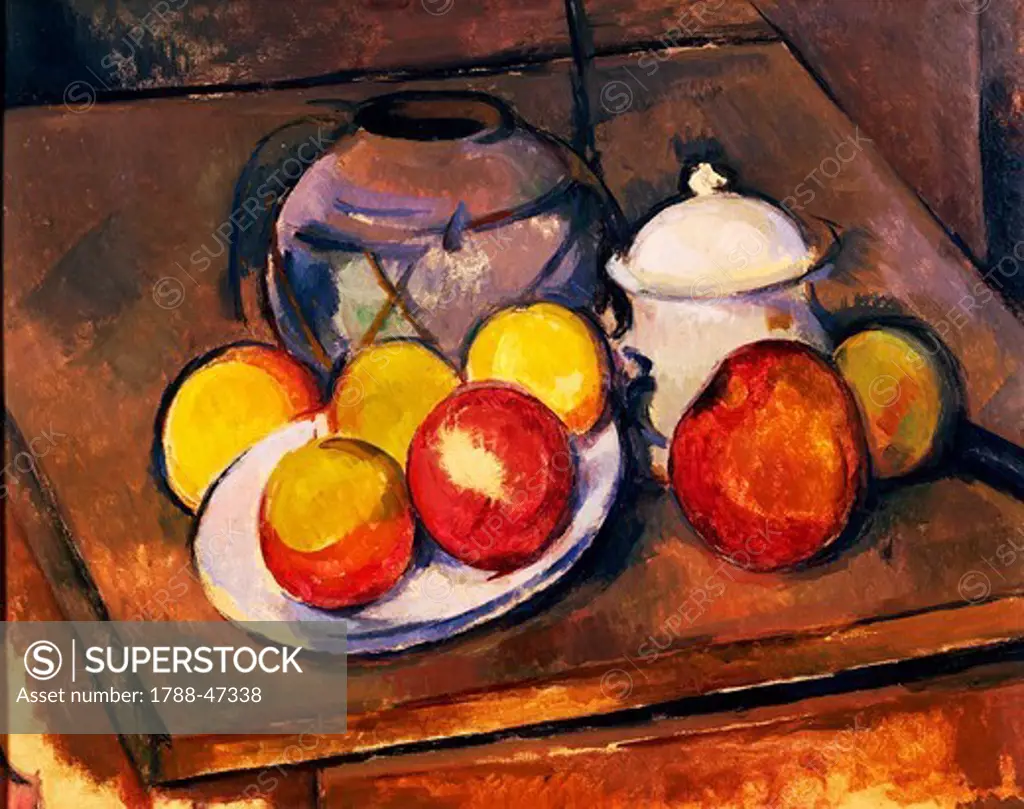 Vase covered with straw, sugar bowl and apples, 1890-1894, by Paul Cezanne (1839-1906), oil on canvas, 36x46 cm.