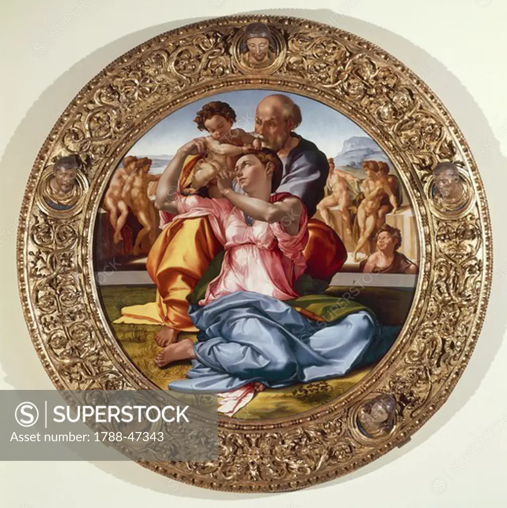 The Holy Family or Tondo Doni, 1503-1504, by Michelangelo Buonarroti (1475-1564), tempera on panel, 91x80 cm, 120 cm diameter. Post-restoration of 1985.