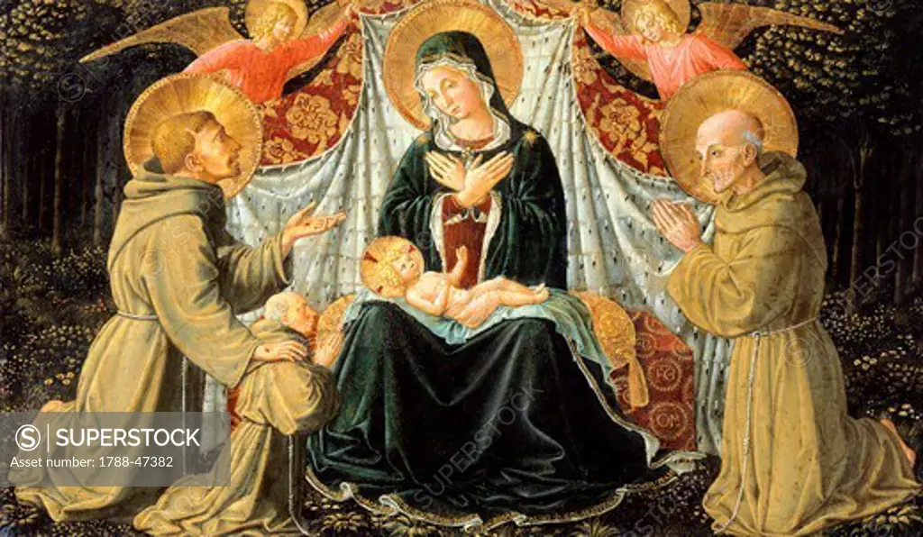 Madonna and Child, two curtain-bearing angels, Saints Francis and Bernard and the donor between Jacopo da Montefalco, 1452-1453, by Benozzo Gozzoli (1420 ca- 1497), tempera on wood.
