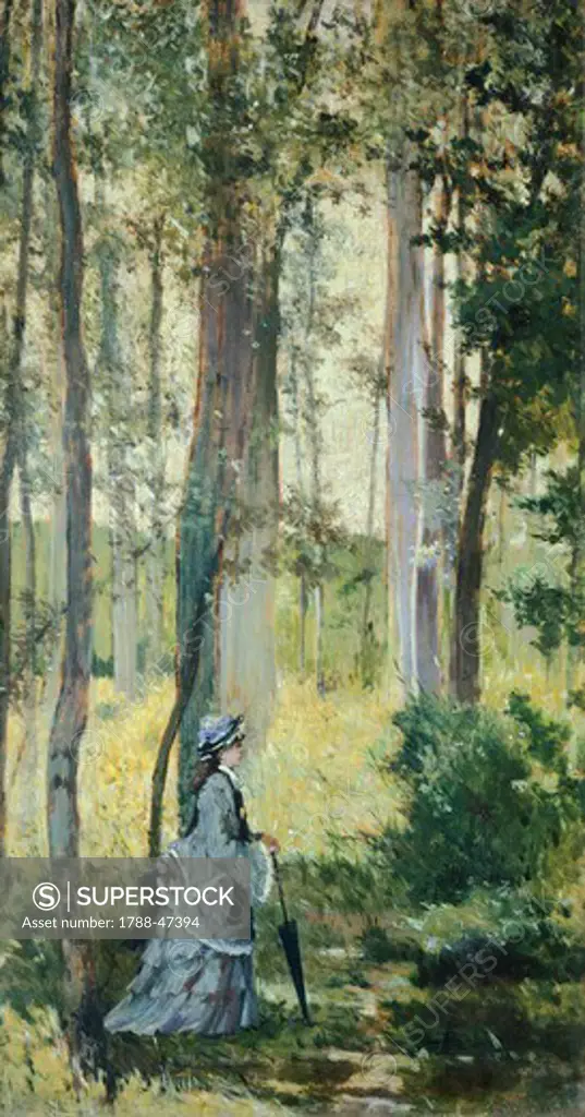 Vallospoli, woman in the woods, ca 1875, by Giovanni Fattori (1825-1908), oil on wood, 33x19 cm.