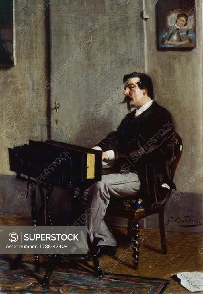 The painter Cristiano Banti at the harmonium, 1865-1866, by Giovanni Boldini (1842-1931), oil on canvas, 28x19 cm.