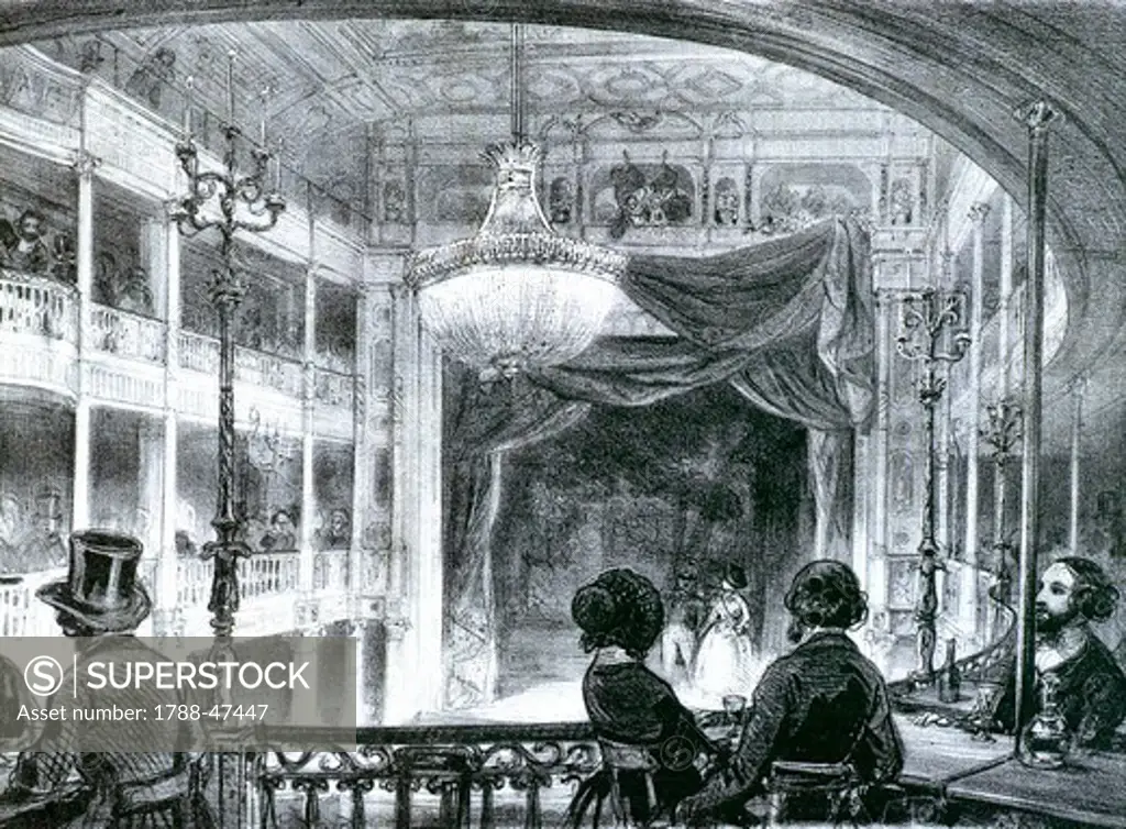 Concert in a cafe on Boulevard Bonne Nouvelle in Paris, ca. 1840, France 19th century. Engraving.