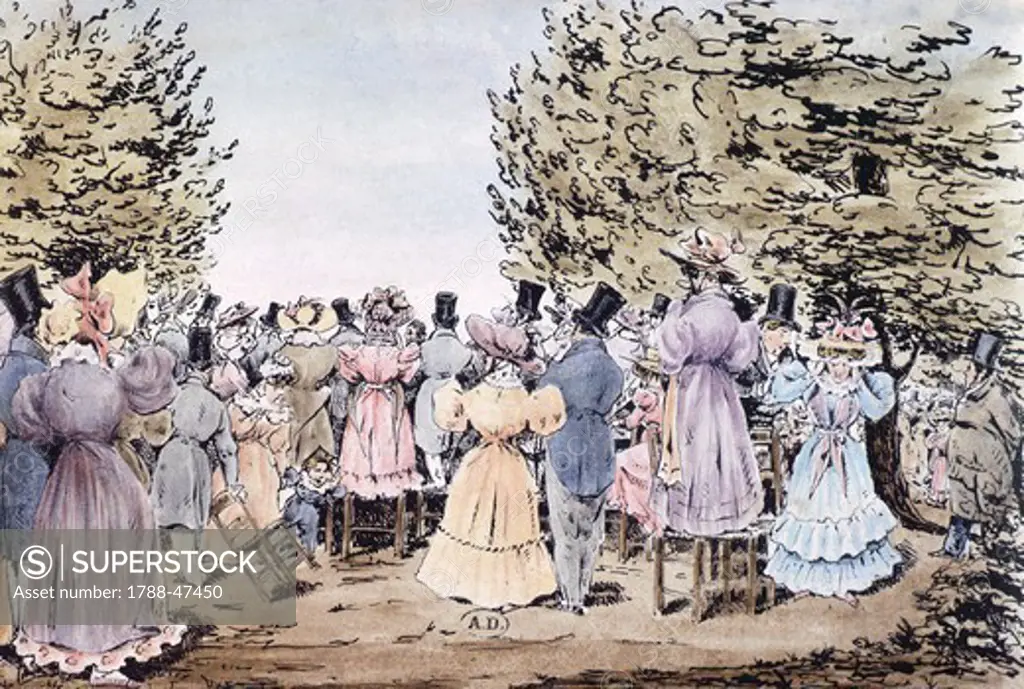 Public concert at the Tivoli Gardens in Paris, 1827, France 19th century. Engraving.