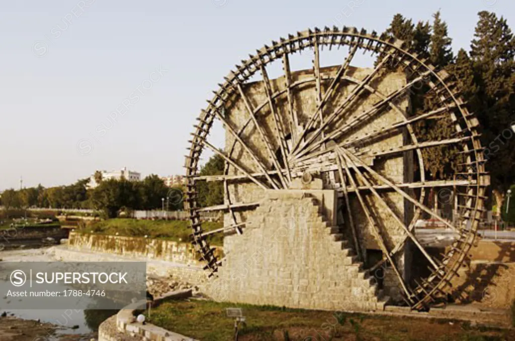 Syria - Hamah. Noria or Na'ura waterwheel on Orontes River