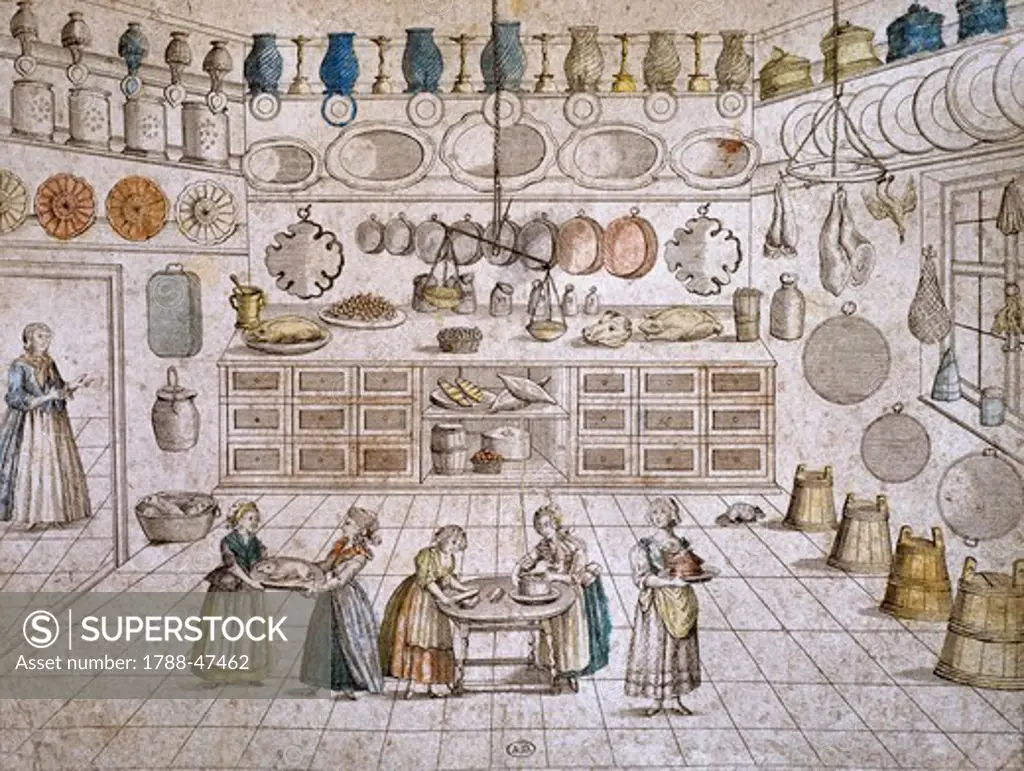 Inside a kitchen, Germany, 18th Century.