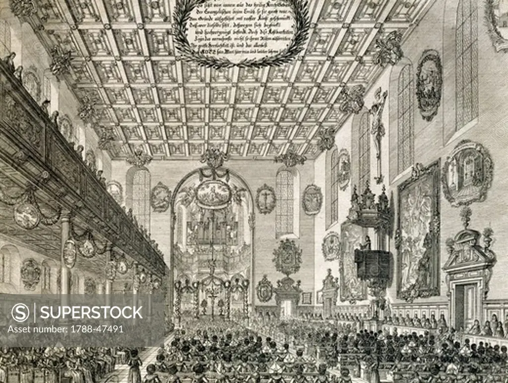 Interior of a German church during a church service, print, Germany, early 18th century.