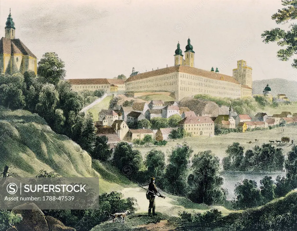 View of the Krems monastery, etching, 19th century, Italy.