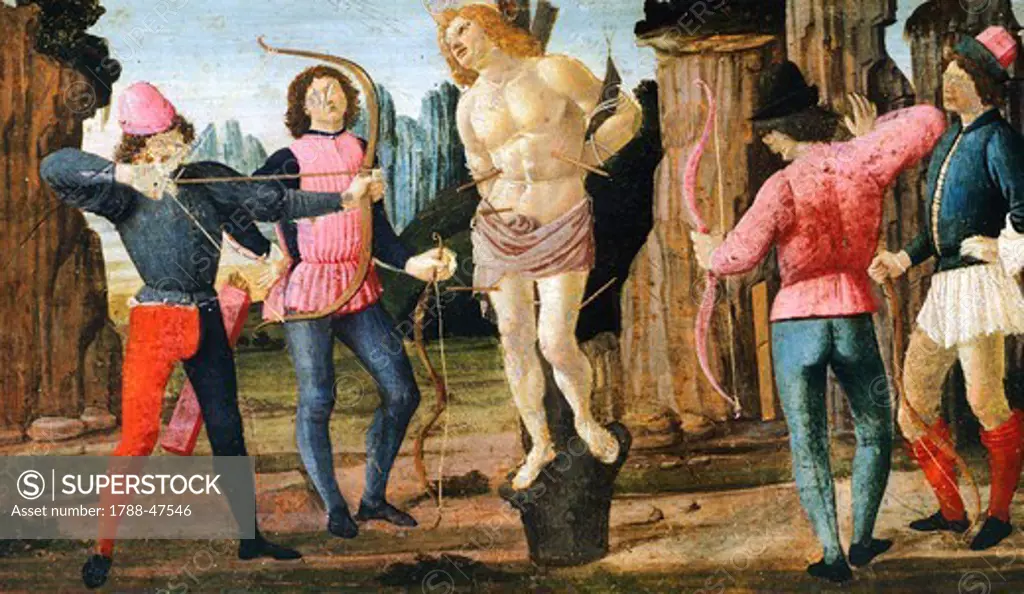 The Martyrdom of St Sebastian, detail from the predella of the Sacred Conversation, 1479, by Domenico Ghirlandaio (1449-1494), tempera on wood.