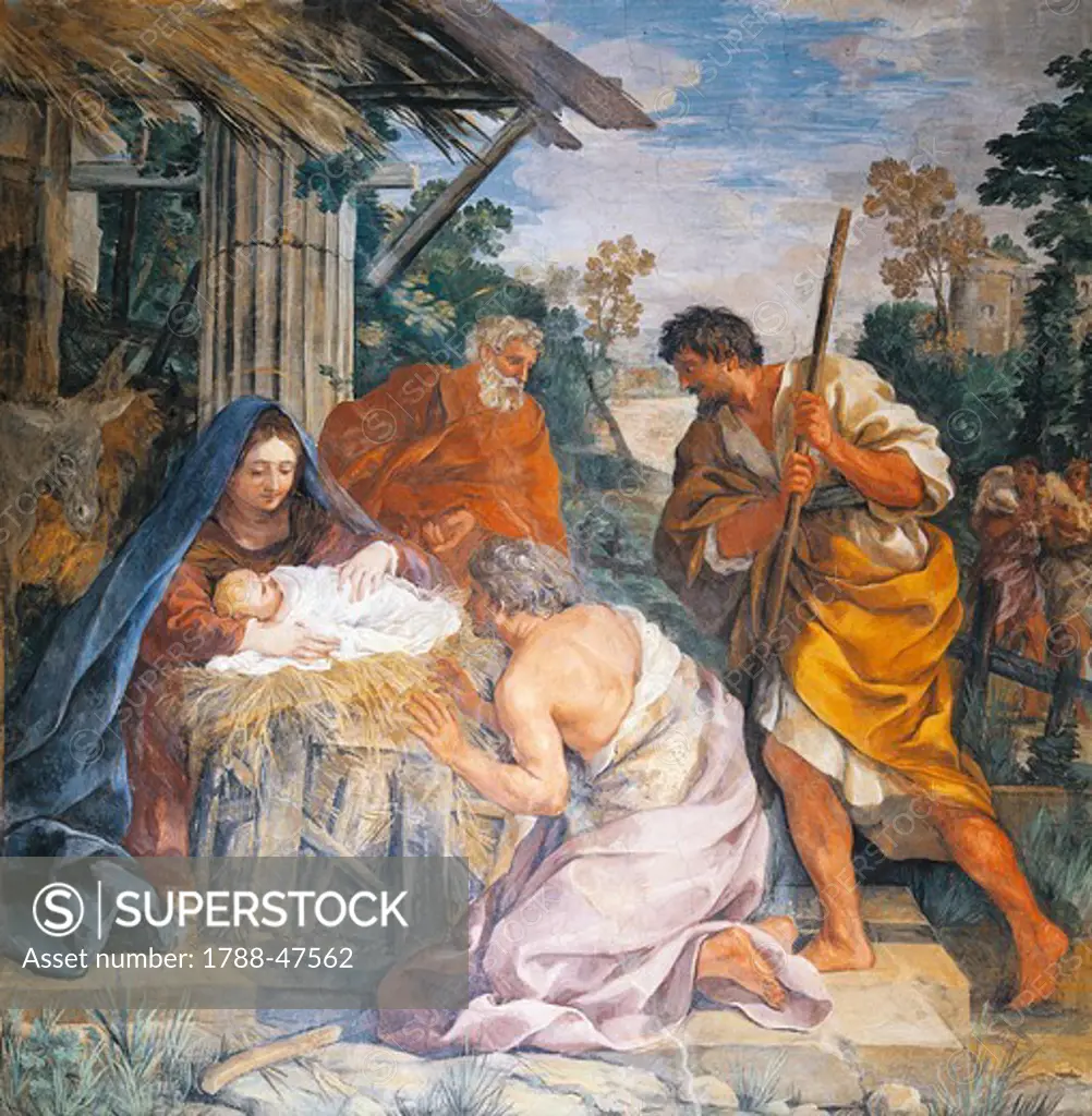 Birth of Christ, 1621-1630, by Pietro da Cortona (1596-1669), fresco. Villa Sacchetti, Castelfusano.