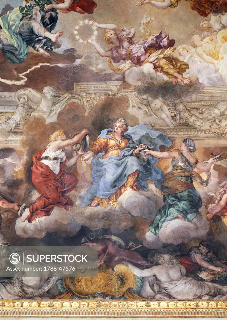 The Triumph of Divine Providence, 1632-1639, by Pietro da Cortona (1596-1669), fresco, 24x14 m. Detail. Palazzo Barberini, Rome.