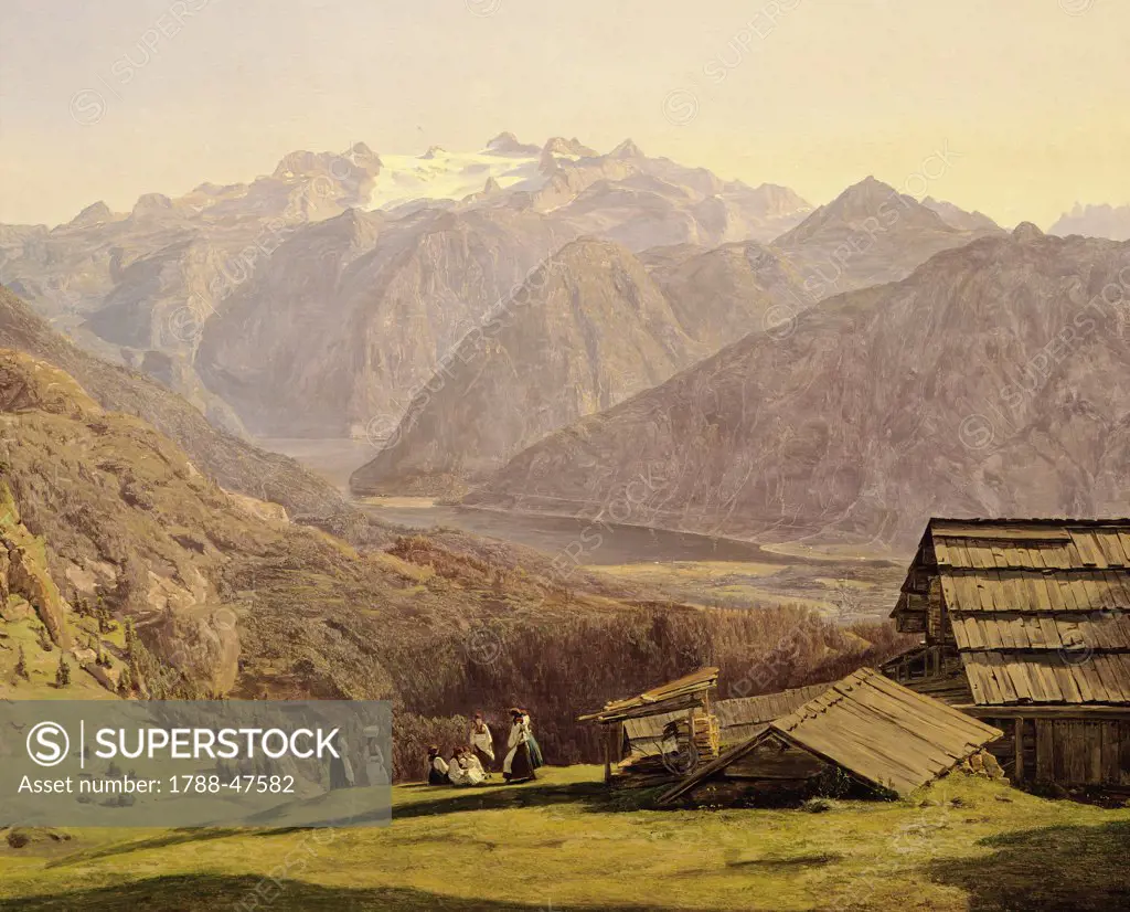 View of Lake of Hallstatt in  Hutteneck Alps  by Ferdinand G. Waldmuller, 1838, Austria 19th Century.