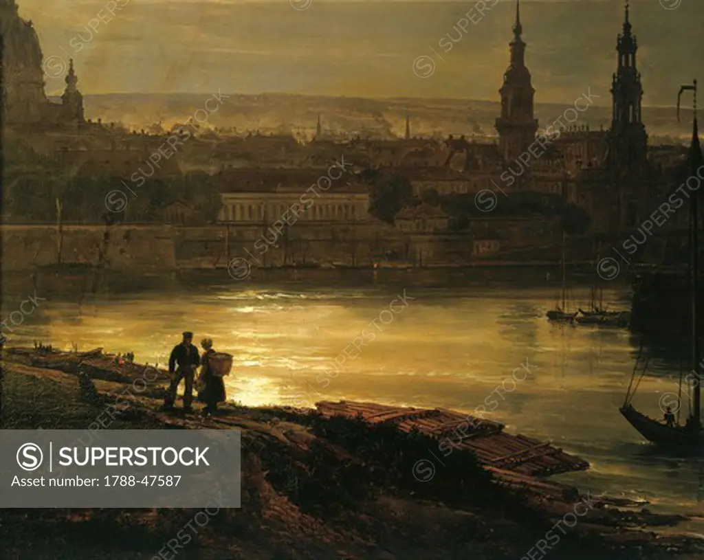 Night in Dresden, by Johan Dahl (1788-1857). Detail.