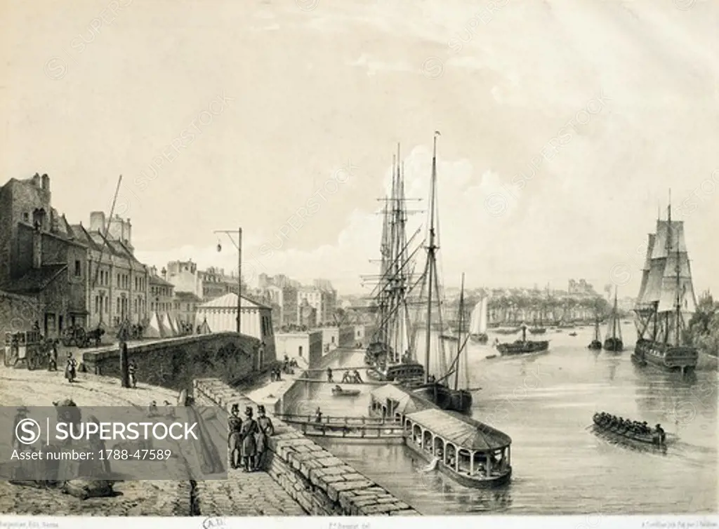Port of Nantes, France 19th Century. Engraving.