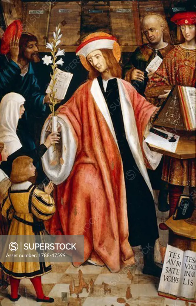 St Ives, a lawyer dedicated to defending the poor and the persecuted, the central panel of the Altarpiece of St Ives ca 1520, by Defendente Ferrari (active ca 1500-1535), tempera on wood, 345x270 cm.