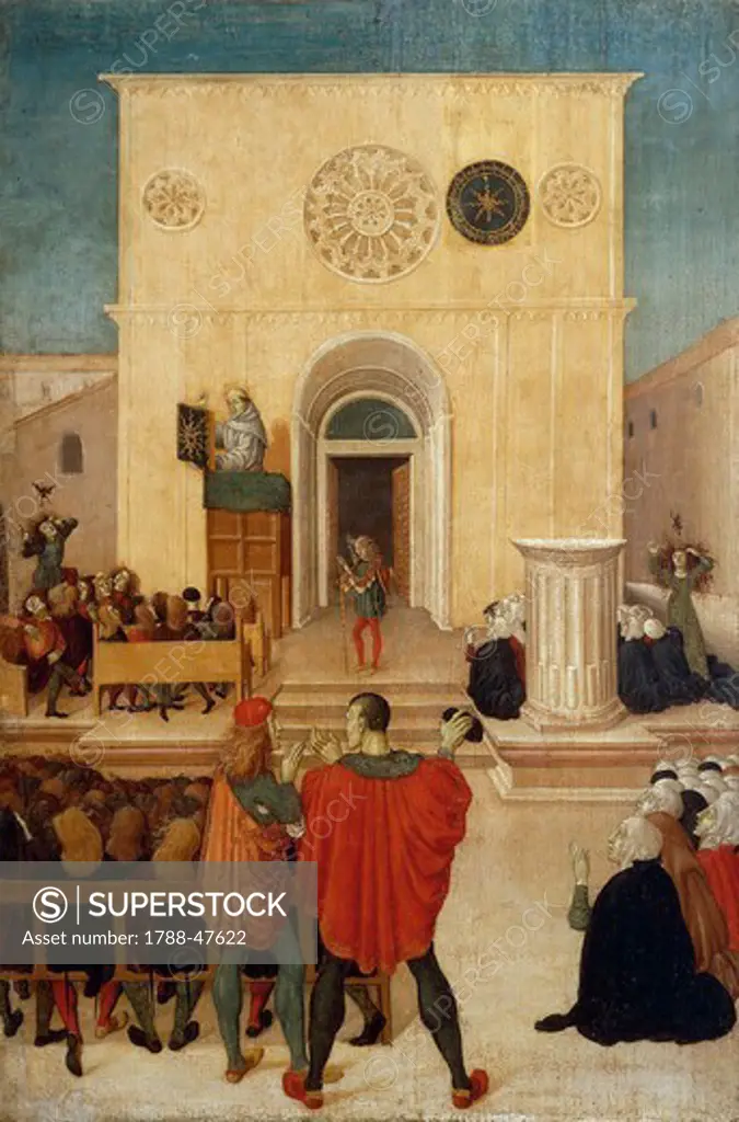 The sermon of St John of Capistrano in the city of L 'Aquila, scene from the right side panel of the Altarpiece with scenes from the life of St John of Capistrano, 1480-1485, by the Master of St John of Capistrano (active 15th century), tempera on board, 177x193 cm.