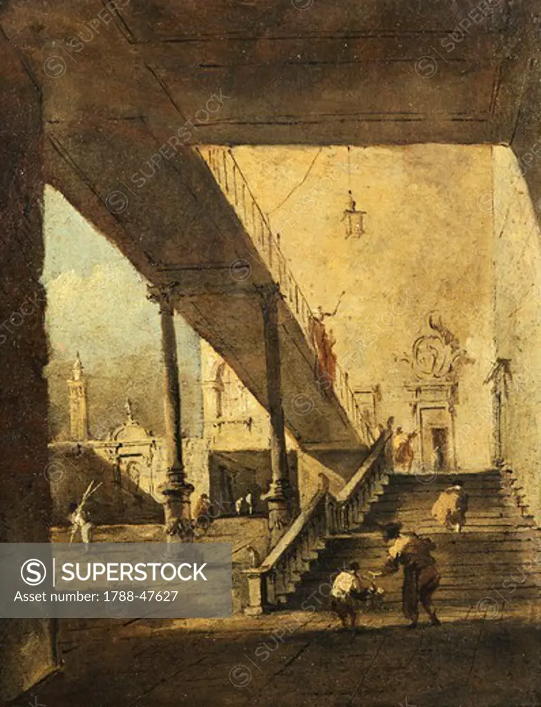 A capriccio depicting a porch and stairs in a courtyard, by Francesco Guardi (1712-1793), oil on canvas, 22x17 cm.