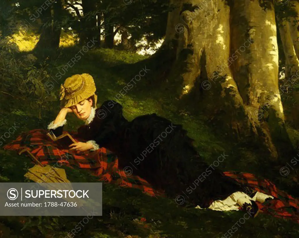 Reading woman in the forest , 1875, by Gyula Benczur (1844-1920).