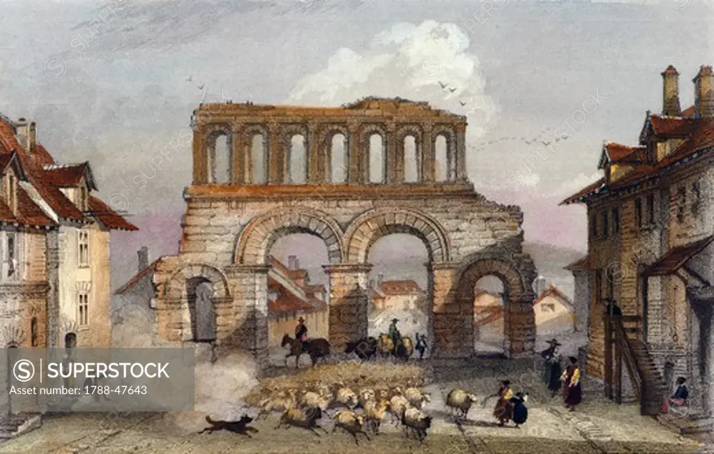The Roman ruins at Porta di Arroux (Roman gates) in Autun, France 19th Century.