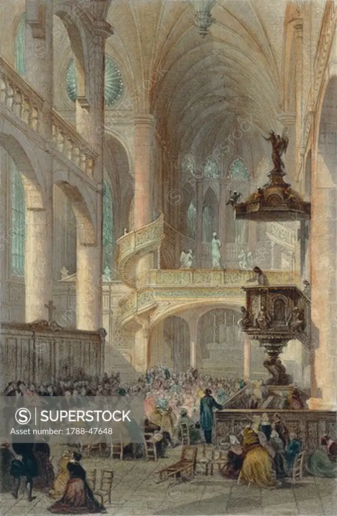 Paris, preaching in the St-Etienne-du-Mont Church, 19th century, French painting.