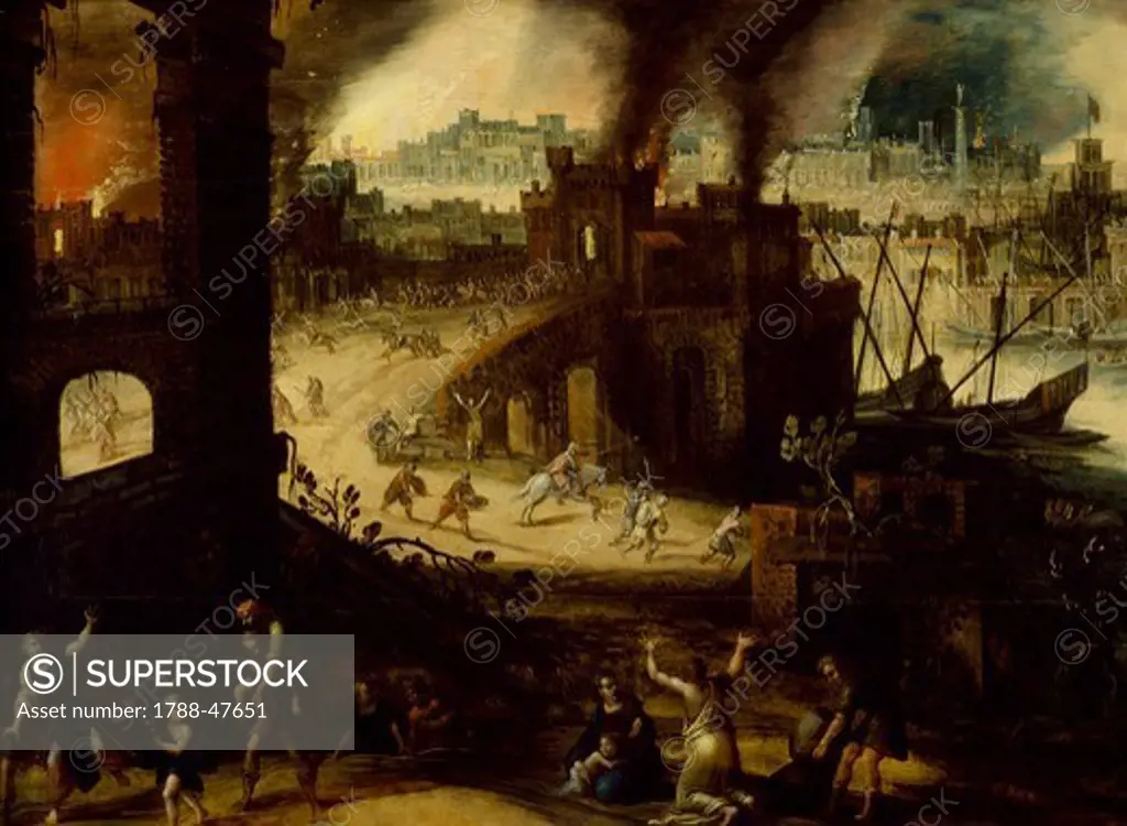 The burning of Troy, 1603, by Pieter Schoubroeck (ca 1570-1607), oil on copper, 28x52 cm.