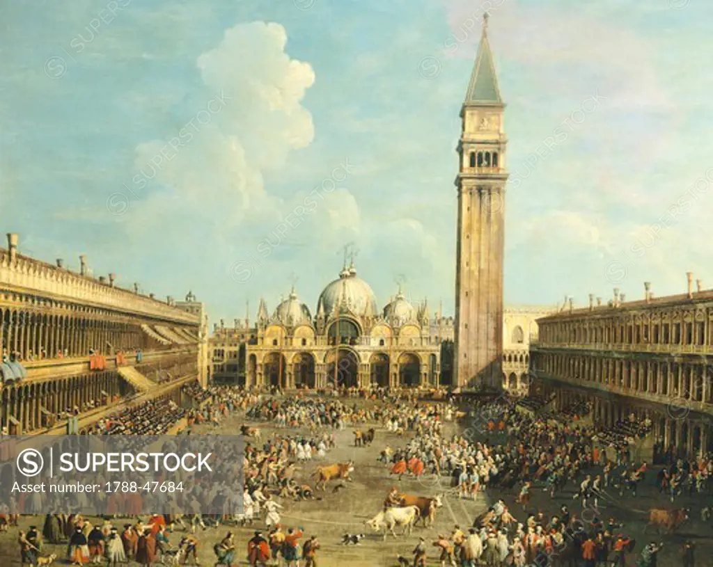 Bullfighting or Bull hunting in Piazza San Marco, by Giovanni Antonio Canal, known as Canaletto (1697-1768) and by Giovanni Battista Cimaroli (1687-after 1753), oil on canvas, 99x145 cm.