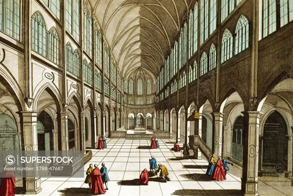 Interior of the Church of St Severin in Paris, engraving, France, 18th century.