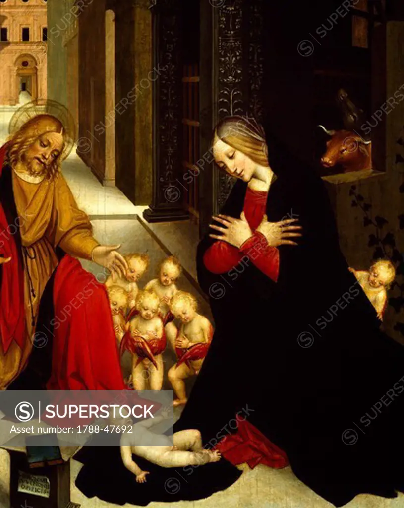 Nativity, by Giuseppe Giovenone (1486 or 1487-1555), board, 132x79 cm. Detail.