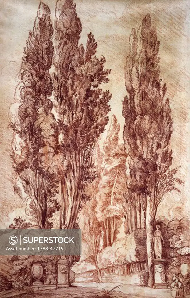 The cypress trees at the Villa d'Este in Tivoli, by Jean-Honore Fragonard (1732-1806), drawing.